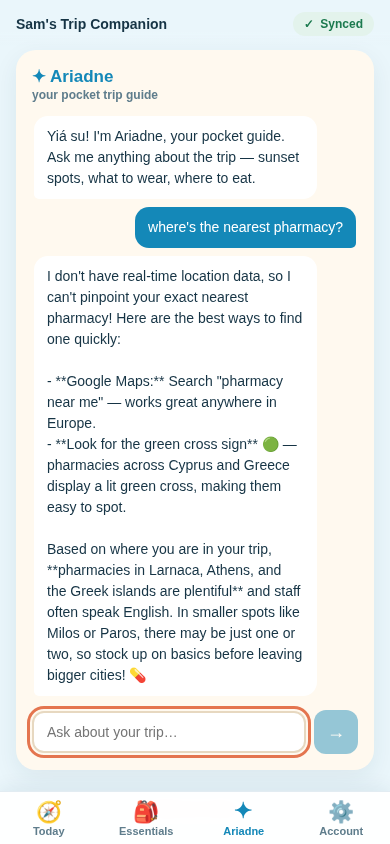 The Ariadne concierge chat answering a travel question with itinerary-aware detail.