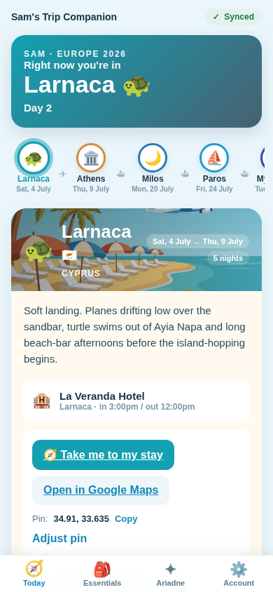 The Today screen of the trip companion, showing the current stop, hotel and the day's plan.
