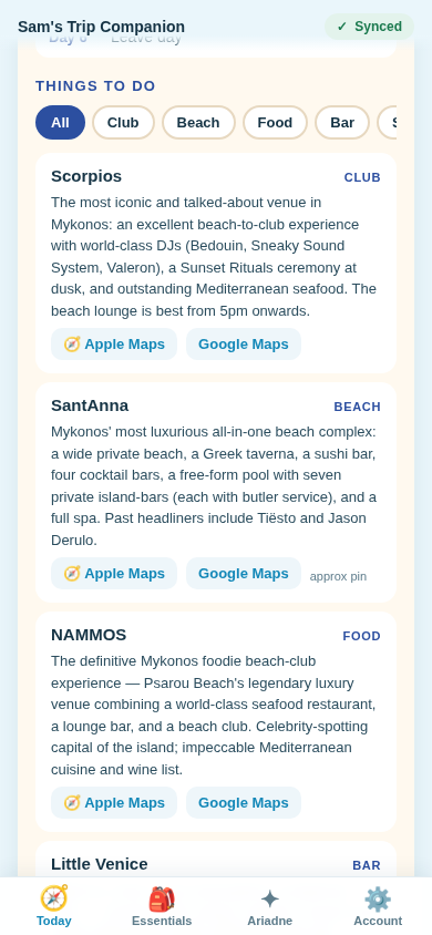 A stop page listing hand-picked things to do, each with a category and a note.